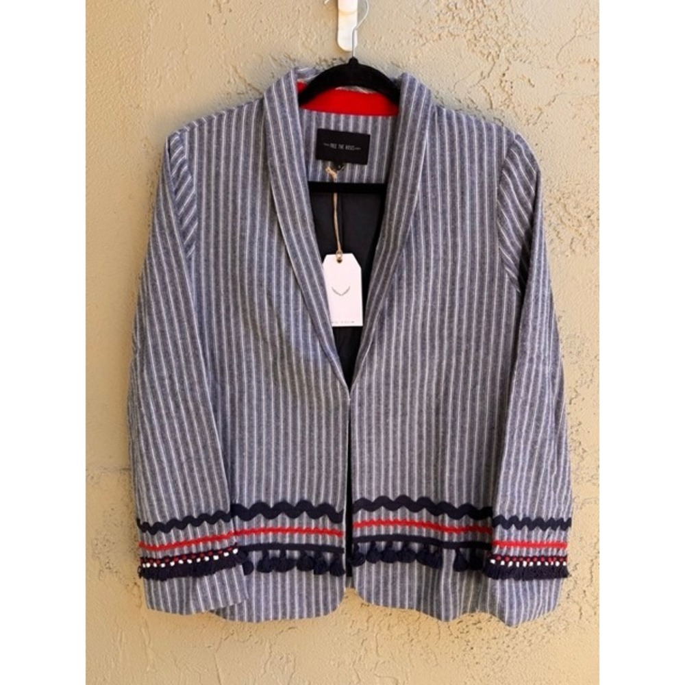 Free The Roses NEW Navy Blue White Striped Tassel Trim Blazer Jacket SMALL - Picture 3 of 9